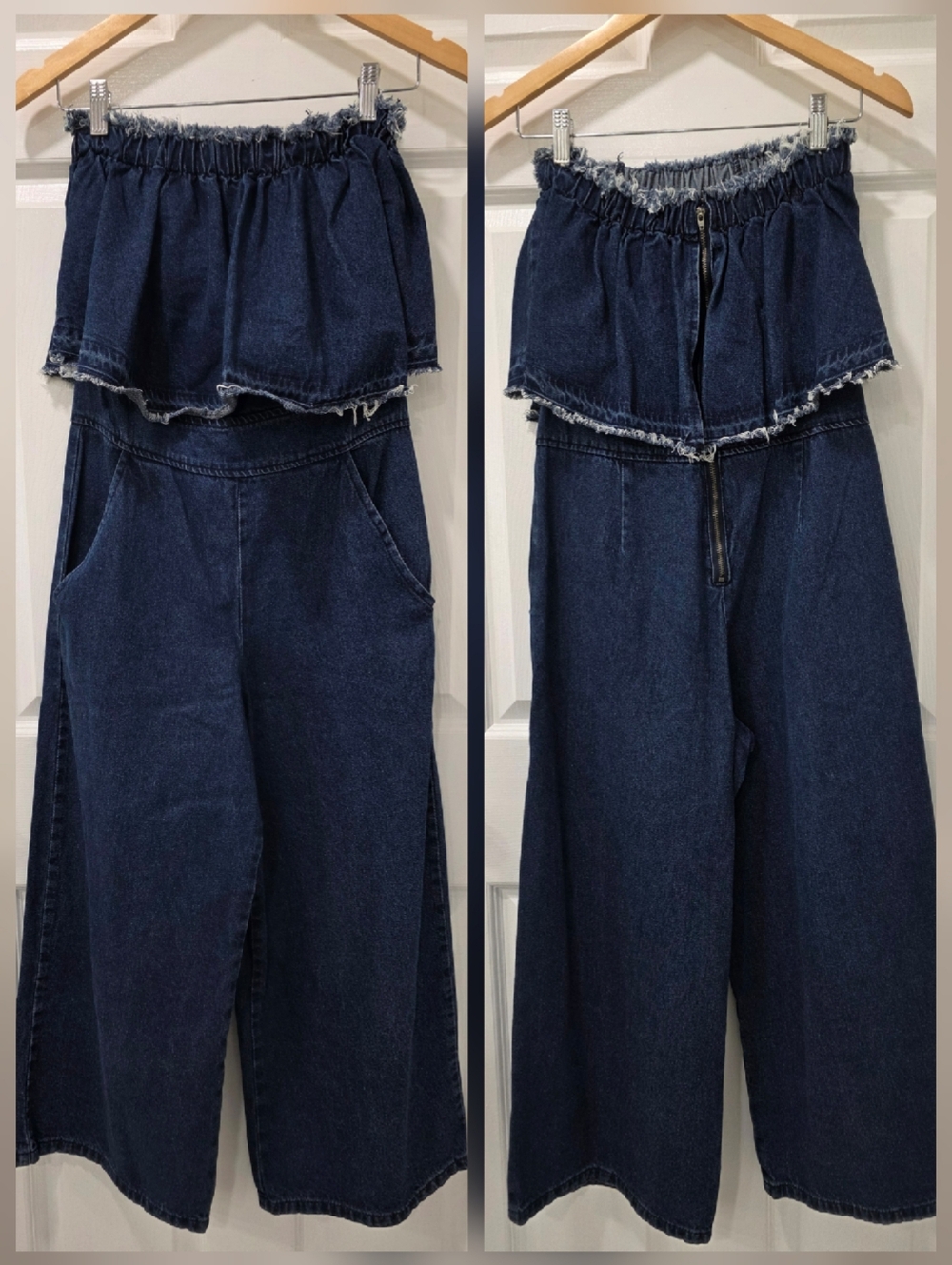 Anthropologie Hei Hei Strapless Tiered Cropped Wide-Leg Denim Jumpsuit Size XS - Picture 3 of 15